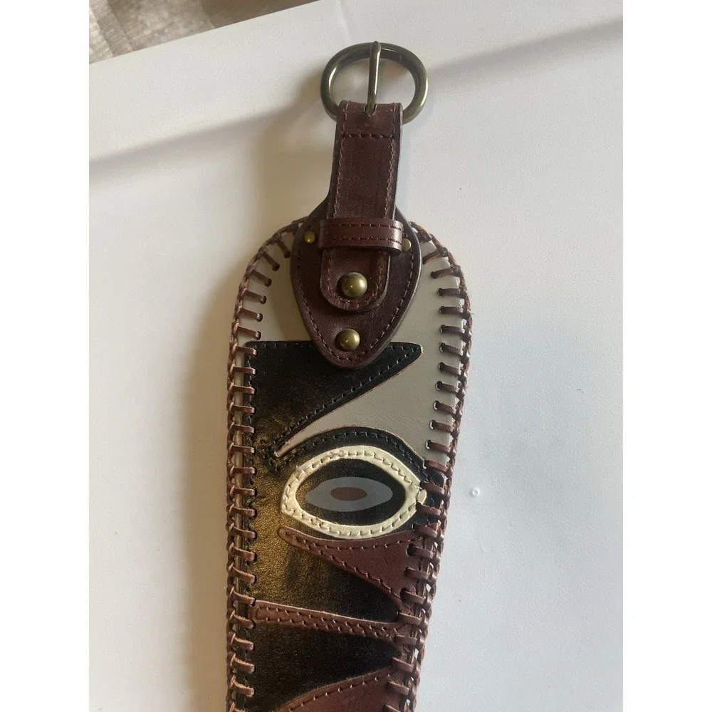 Vintage Hand Tooled Leather Inlay Belt Boho Western Whipstitch Brown Tan Medium